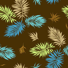 Abstract tropical plants pattern. Hand drawn fantasy exotic sprigs. Seamless floral background made of herbal foliage leaves for fashion design, textile, fabric and wallpaper.