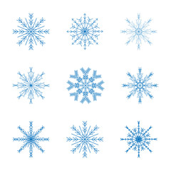 Set of Christmas snowflakes. Blue snowflakes on a white background. Vector image.