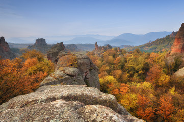 Belogradchik rocks. Magnificent morning view of the Belogradchik rocks in Bulgaria, lit by the autumn sun.