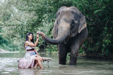Portrait Asian woman enjoying with elephant 