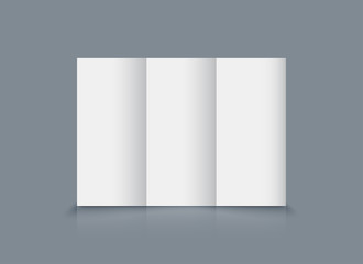 Blank trifold cover flyer on grey background. Brochure mockup 3D vector illustration.