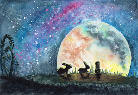 Watercolor illustration of three rabbits or hares in a field with grass, looking on a huge colorful moon and bright starry sky