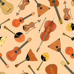 Seamless vector of stringed instruments. Tools on a light background.