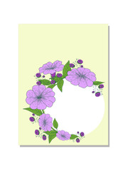 Spring. Summer. Garden flowers. Greeting card with floral ornament and place for text on a white background. Vector image.