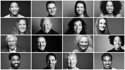 Group of beautiful people in a row in front of a dark background