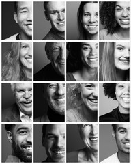 Group of beautiful people in a row in front of a dark background