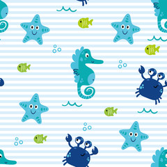 Cute sea vector animals underwater.  Cartoon seamless pattern on a color background. It can be used for backgrounds, surface textures, wallpapers, pattern fills
