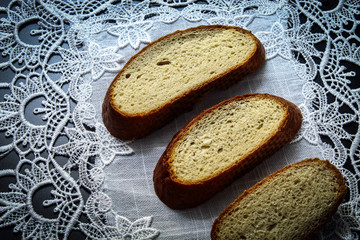 Fresh bread on the tablecloth