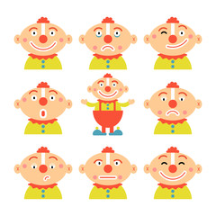 Vector emoticon clowns set. Design your own clown with different head and face