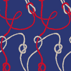 Vector seamless pattern made of twisted ropes with knots. Abstract graphic drawing. Flat nautical ornament.