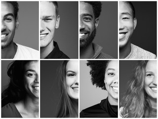 Group of beautiful people in a row in front of a dark background