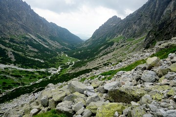 Fototapeta na wymiar A beautiful landscape with rocky mountain in High Tatry, Slovakia. The High Tatras Mountains in summer