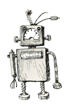 Robot, Vintage Toys And Character. Ink Drawing.