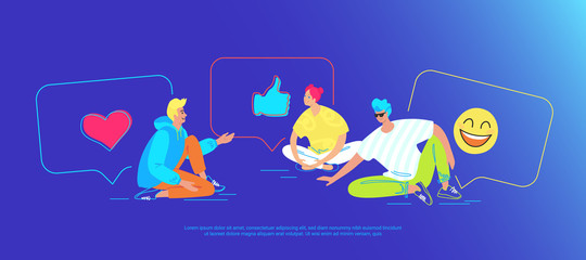 Casual friends talking in social media. Gradient vector illustration of three teenegers sitting on the floor with speech bubbles