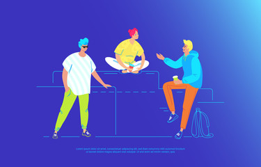Casual friends talking and smiling together. Gradient vector illustration of three teenegers sitting on the floor and chatting