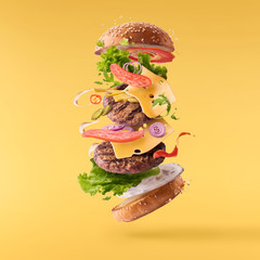 Delicious burger with flying ingredients