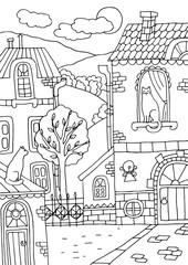 City landscape with cats. Coloring book for kids and adults
