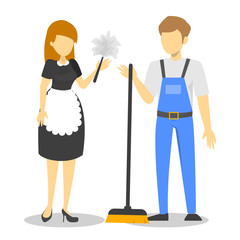 Maid and janitor couple, cleaning service vector isolated