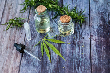Cannabis herb and leaves for treatment with decoction, tincture, extract, oil. Hemp oil. Selective focus.