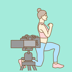 Camera recording a young female blogger working out while making a video