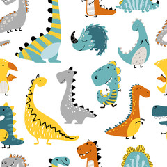 Dinosaurs Vector seamless pattern on a white background. Children s illustration in a funny cartoon style. Scandinavian hand-drawn background is ideal for children s clothing, textiles, wallpaper, etc © Світлана Харчук