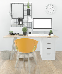 Idea of wooden comfortable office and decoration on white room zen style.3D rendering
