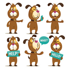 Collection of cute cartoon dogs. Puppy Everyday Activities Set. Dog taking a selfie social network communication