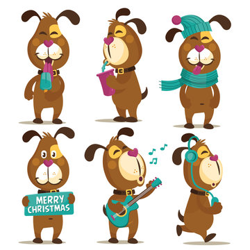 Collection of cute cartoon dogs. Puppy Everyday Activities Set. Dog taking a selfie social network communication