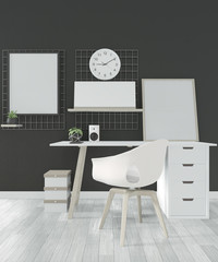 Idea of comfortable office and decoration on black room floor wooden white.3D rendering