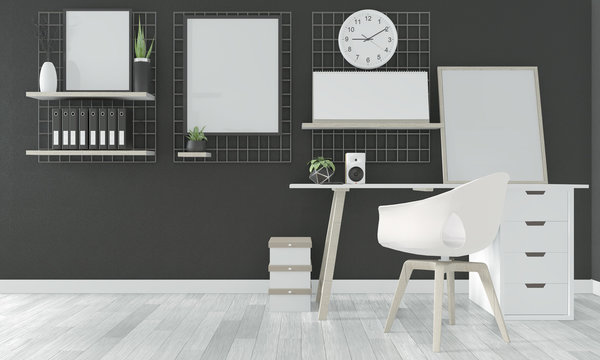 Idea of comfortable office and decoration on black room floor wooden white.3D rendering