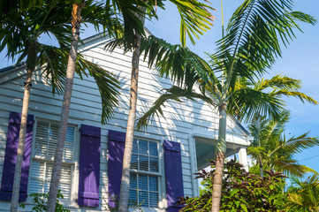 Fototapeta na wymiar Bright afternoon view of tropical palm tree shadows on simple island architecture in Old Town, Key West, Florida, USA