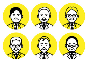 Set of senior men upper body in round frame on white background. Vector illustration.