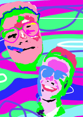 Multicolored portraits of a mans in the style of pop art on a bright background with stripes and spots. Man with a cigarette. Laughing man