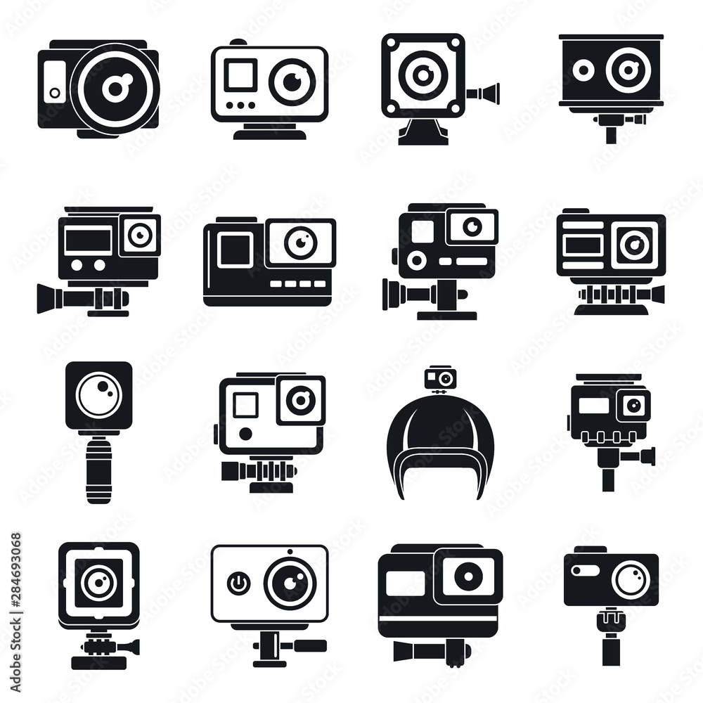 Poster modern action camera icons set. simple set of modern action camera vector icons for web design on wh