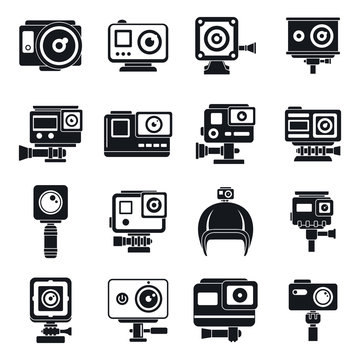 Modern action camera icons set. Simple set of modern action camera vector icons for web design on white background