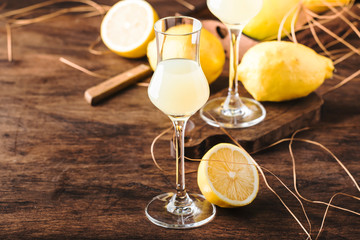 Limoncello, sour sweet Italian lemon liqueur, traditional strong alcoholic drink. Copy space,...