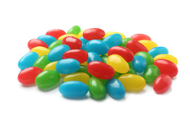 Pile of tasty bright jelly beans isolated on white