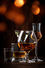 Strong Spirits Set. Hard alcoholic drinks in glasses in assortment: vodka, cognac, tequila, brandy...
