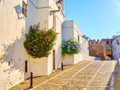 Marques de Tamaron street, a typical street of whitewashed walls of Vejer de la Frontera downtown with La Segur Gate in the background. Vejer de la Frontera, Cadiz province, Andalusia, Spain