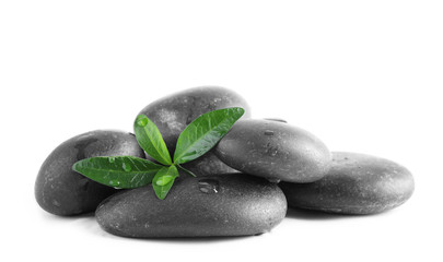 Spa stones and green leaves with water drops on white background
