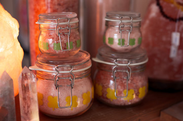 jar with coarse himalaya salt close up