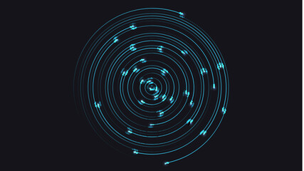 Banner with radial lines with glow of end and place for text. Dynamic flow on dark background. Abstract circular pattern moving flow. Optical art, vector design elements.
