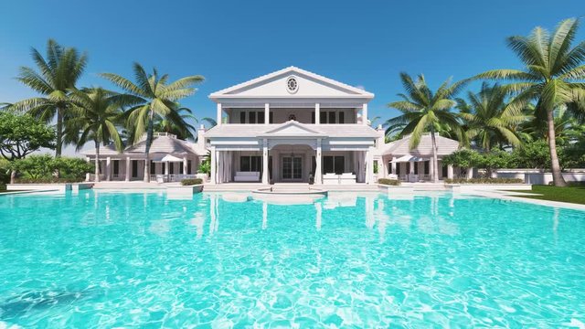 Large pool with luxury villa. Tropical resort. 3d visualisation
