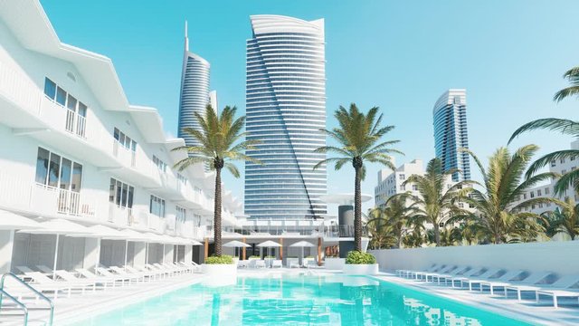 Luxury hotel with pool. Dolly shot. UHD video. 3d visualisation
