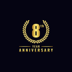 Fototapeta premium Vector illustration of a birthday logo number 8 with gold color, can be used as a logo for birthdays, leaflets and corporate birthday brochures. - Vector