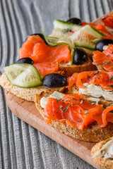 Assorted bruschetta Set of various appetizing snacks sandwiches