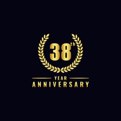 Vector illustration of a birthday logo number 38 with gold color, can be used as a logo for birthdays, leaflets and corporate birthday brochures. - Vector