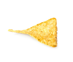 Tasty Mexican nacho chip on white background