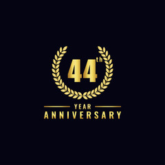 Vector illustration of a birthday logo number 44 with gold color, can be used as a logo for birthdays, leaflets and corporate birthday brochures. - Vector