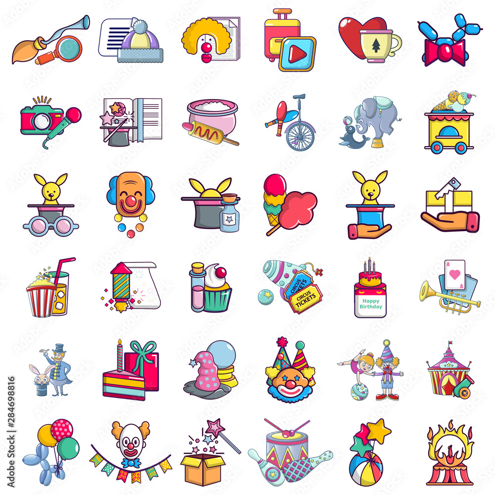 Poster circus zone icons set. cartoon set of 36 circus zone vector icons for web isolated on white backgrou